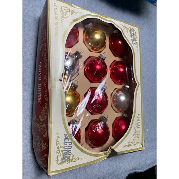 Shiny Brite Vintage Glass Christmas Ornaments Set 12 Red Gold Silver 2" Round Bo - Picture 6 of 10